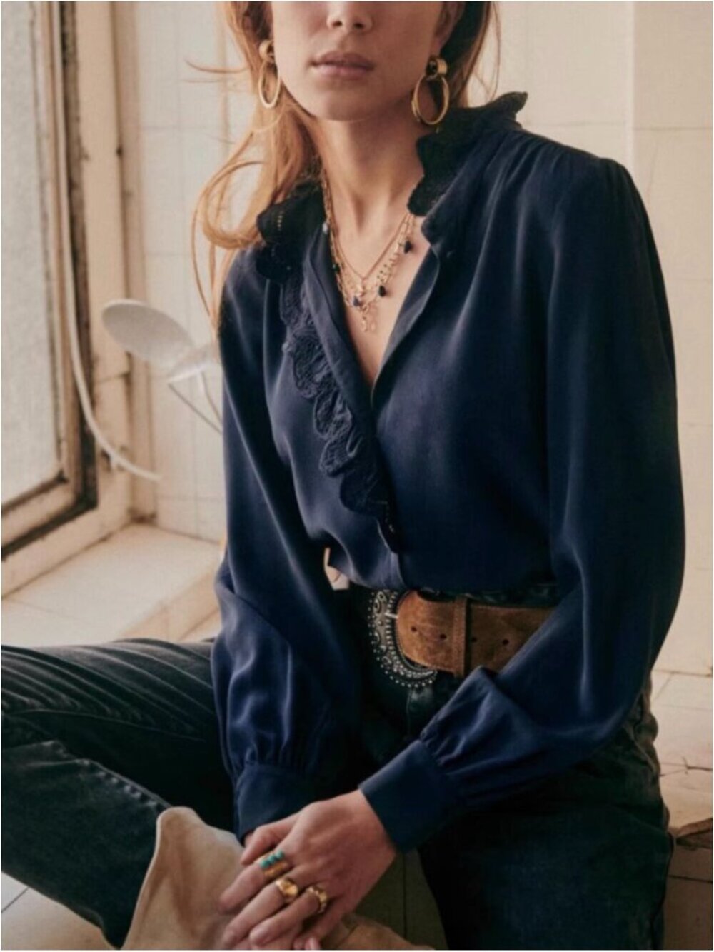 Sézane Chlo Shirt Navy 100% Silk Embroidered Blouse Size FR 46/ US 14